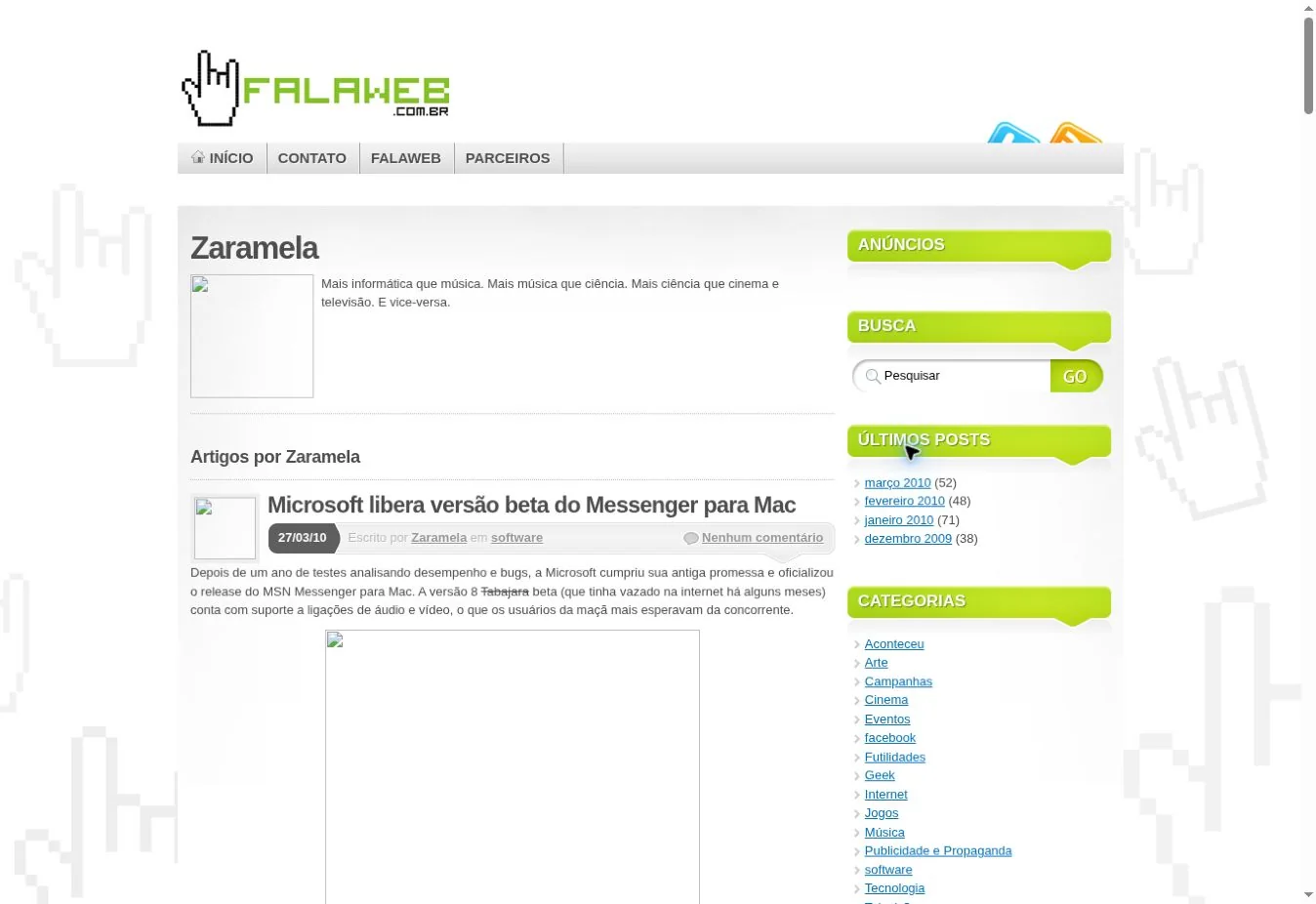 Captura real do FalaWeb em 2010, com a bio e o arquivo de textos de Zaramela