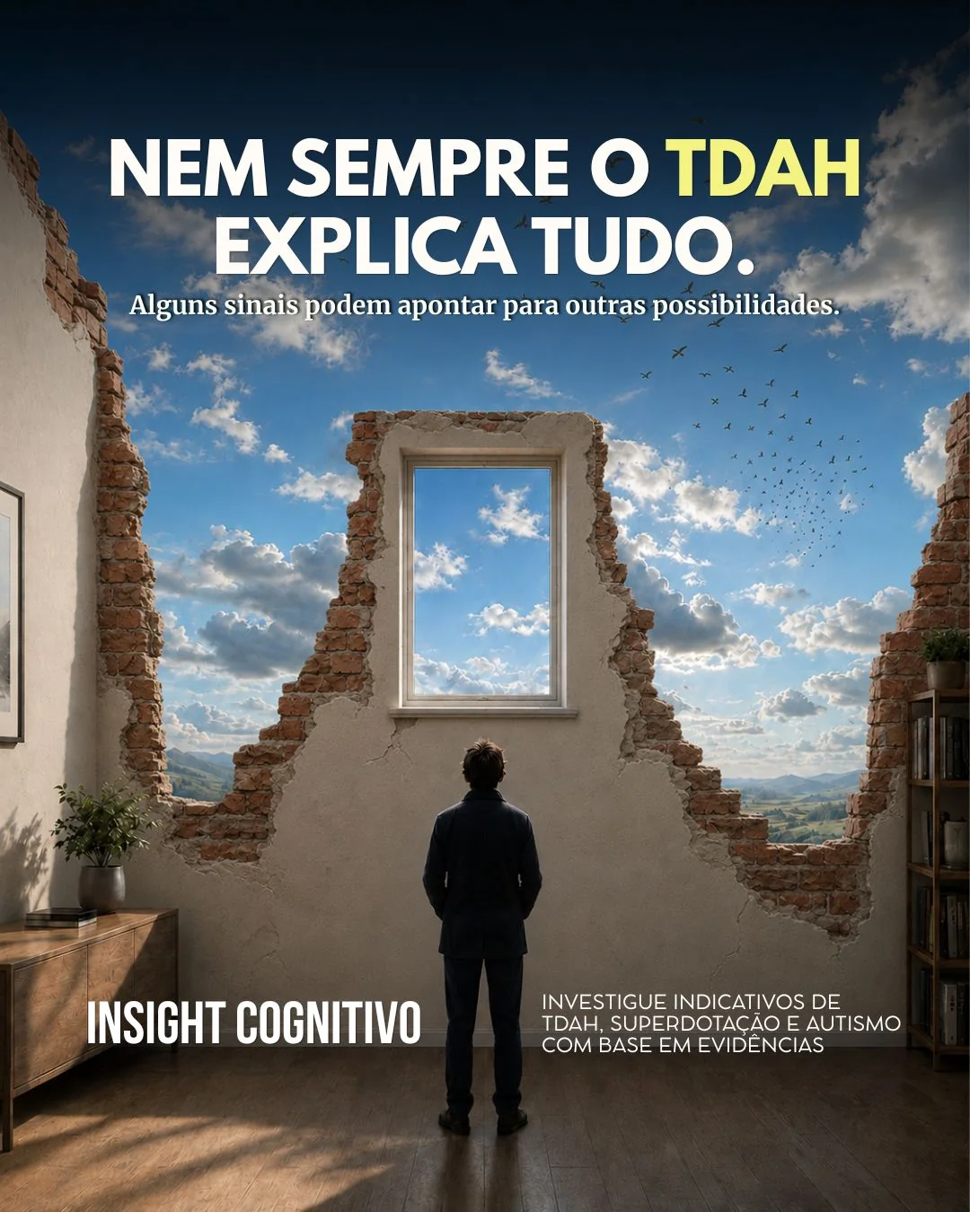 Peça vertical do Insight Cognitivo: janela iluminada e copy sobre TDAH
