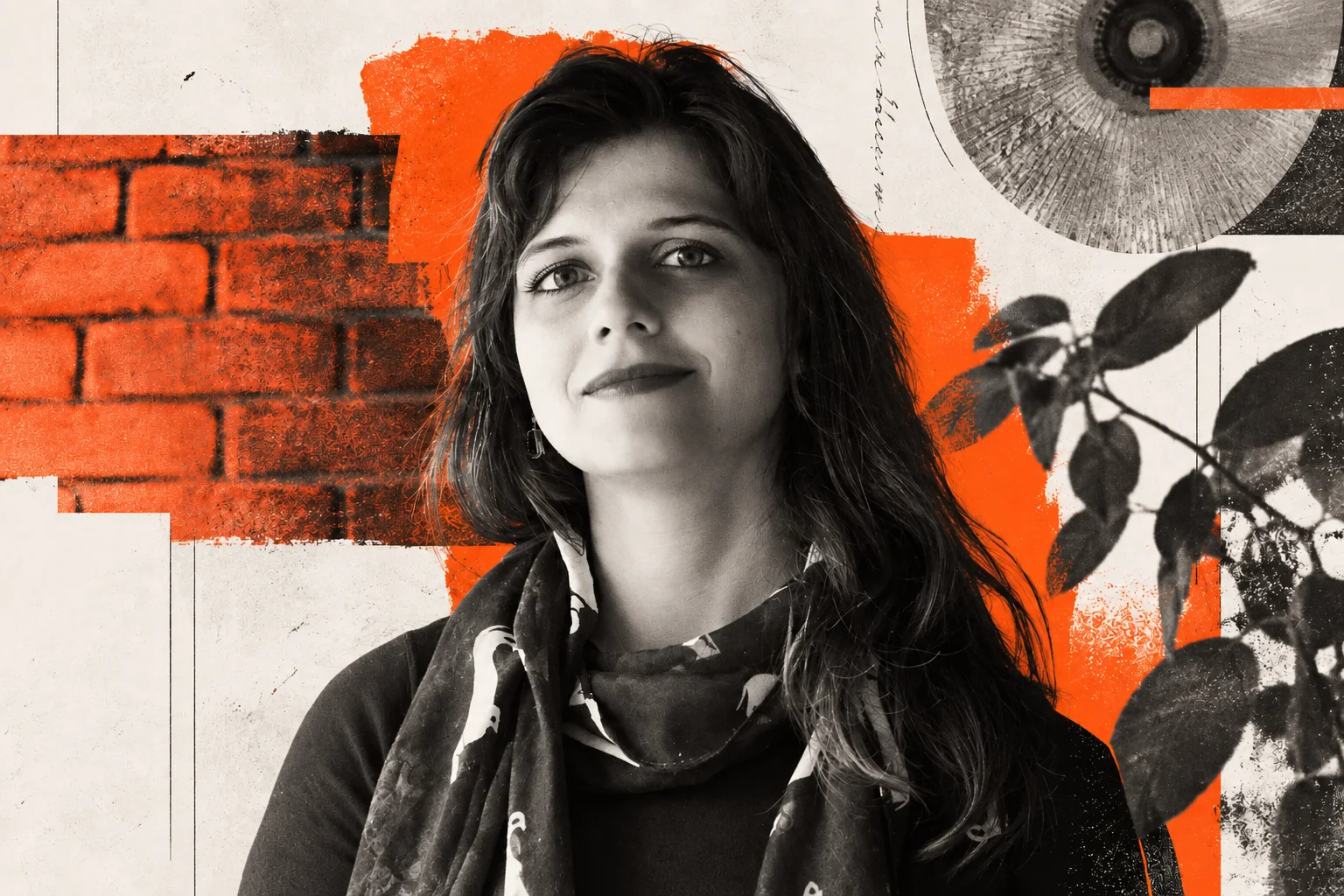 Retrato editorial de Luciana Zaramela em preto e branco, com intervenções gráficas laranja